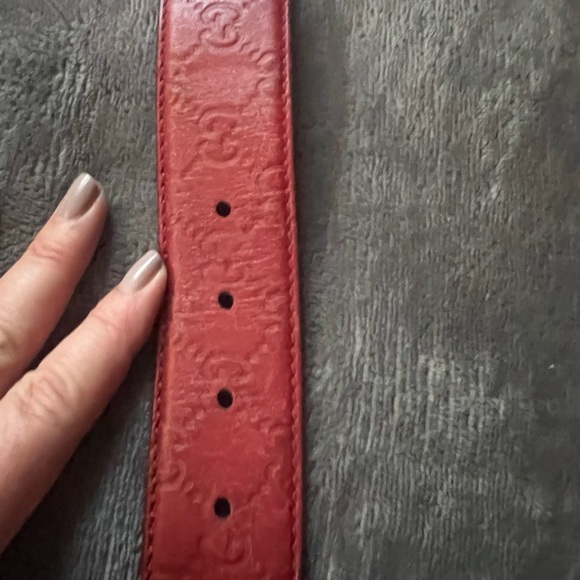 Vintage Gucci Red Leather Monogram Belt Silver Buckle 33 - Picture 3 of 6